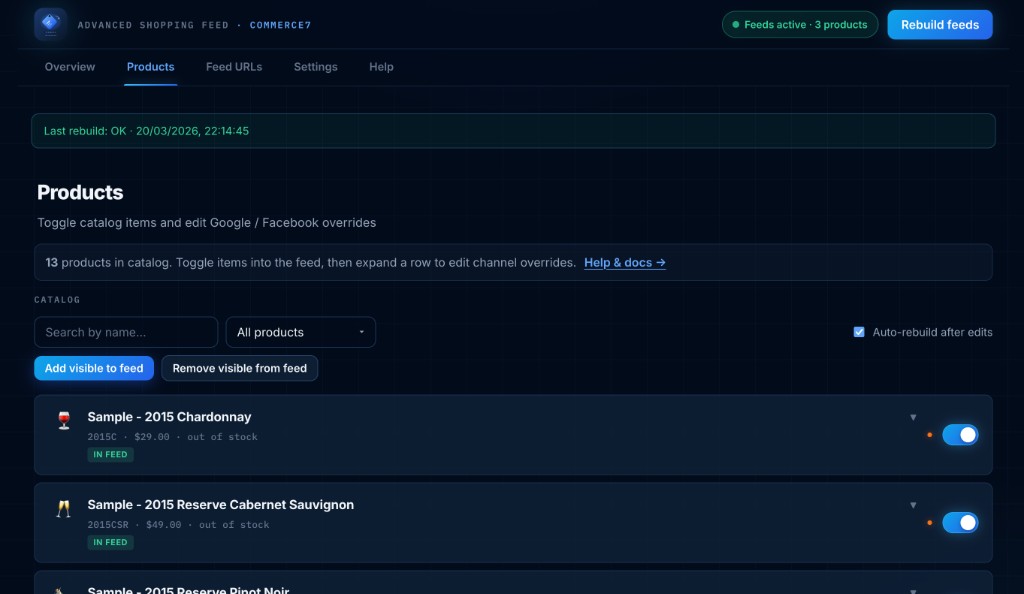 Overview tab: feed health and metrics