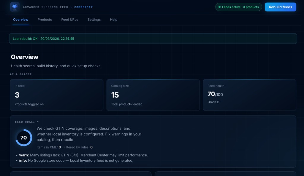 Products tab: SKUs and feed inclusion